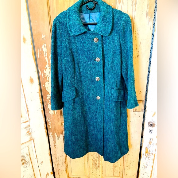 Beautiful Teal/Blue Wool Trench Coat with Silk blue liner. Silver buttons. - Picture 1 of 7